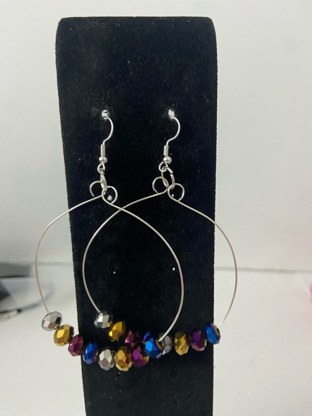 Metallic rainbow glass bead dangle earrings silver tone